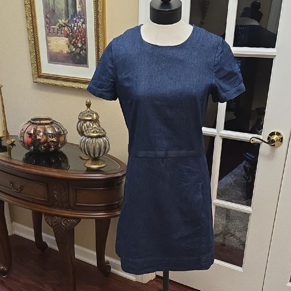 GAP Dark Blue Denim Dress Grosgrain Ribbon Waist Exposed Zip Short Sleeve 12 EUC